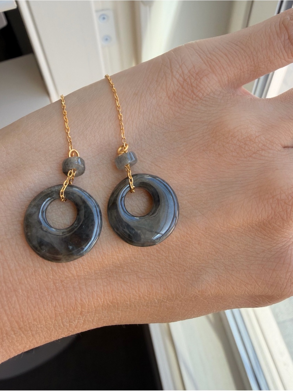 Natural Grade A Burmese Icy Black Silk Jadeite Donut Threader Earrings